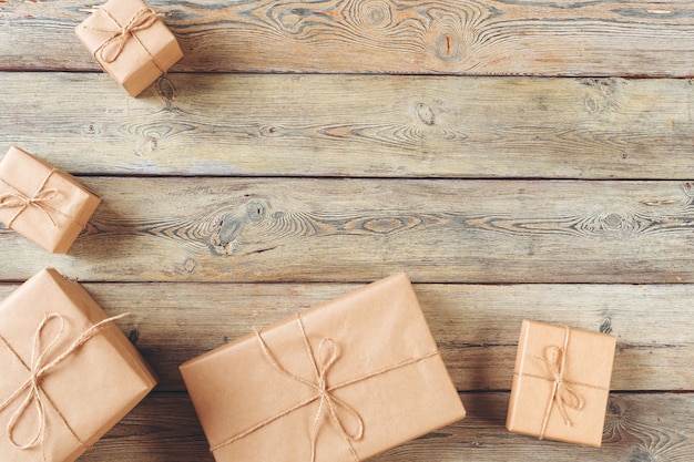 Various gift boxes on wooden table