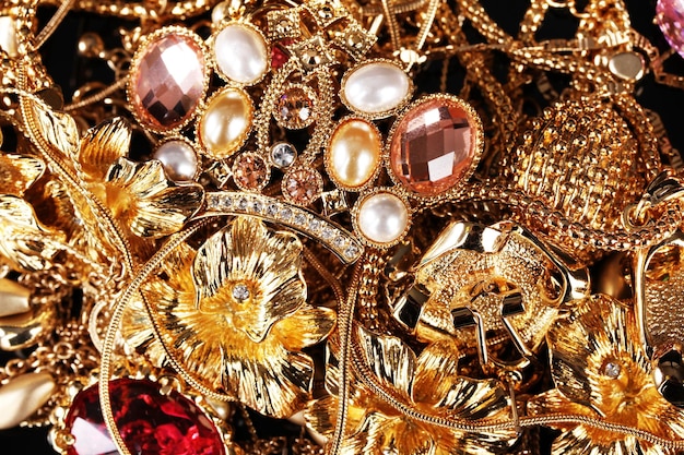 Various gold jewellery closeup