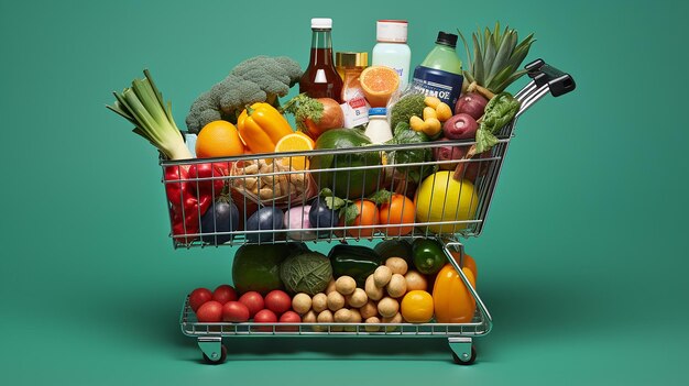Various groceries in shopping cart Fruits vegetable milk on shopping cart isolated green background