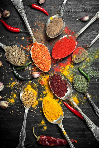 Various ground spices and herbs in spoons