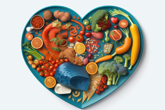 Various heart healthy foods including acai lentils soy sauce ginger salmon carrot tomato