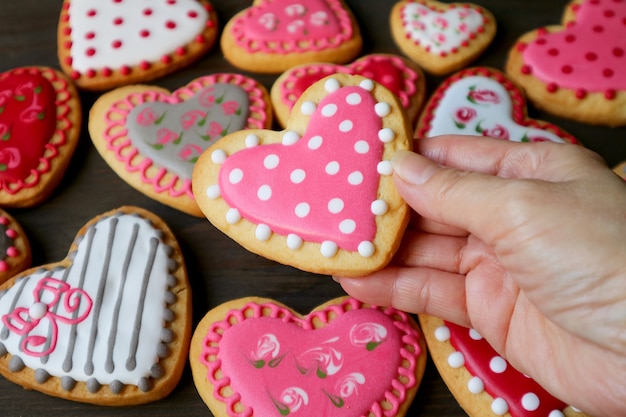 Various heart shaped royal icing cookies