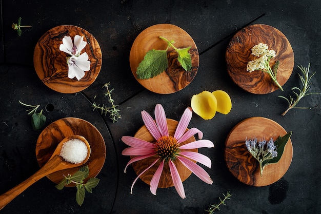 Various herbal oils with flowers decorated on a dark background