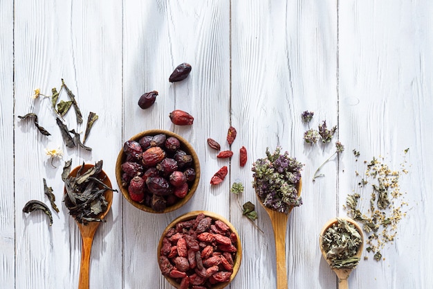 Various herbal tea in wooden spoons on a white wooden table