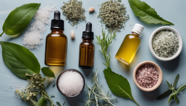 Photo various herbs and oils on a table