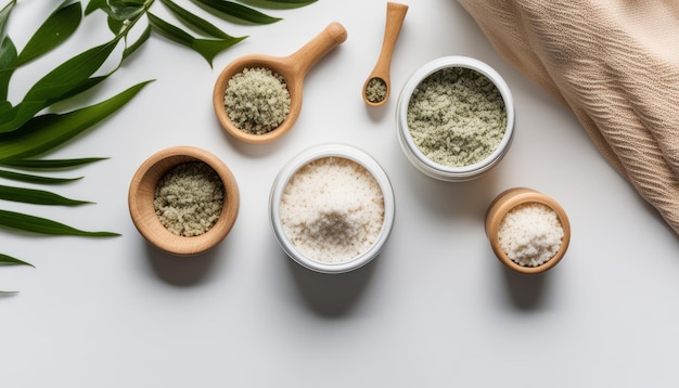 Various herbs and spices in bowls and jars