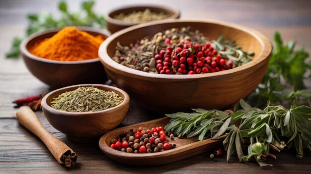 Various herbs and spices on plate