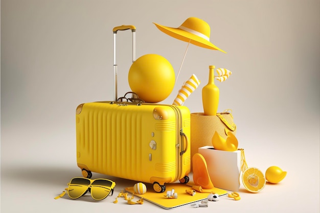 Various holiday accessories in travel suitcase