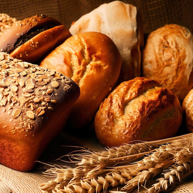 Various homemade bread on burlap with wheat