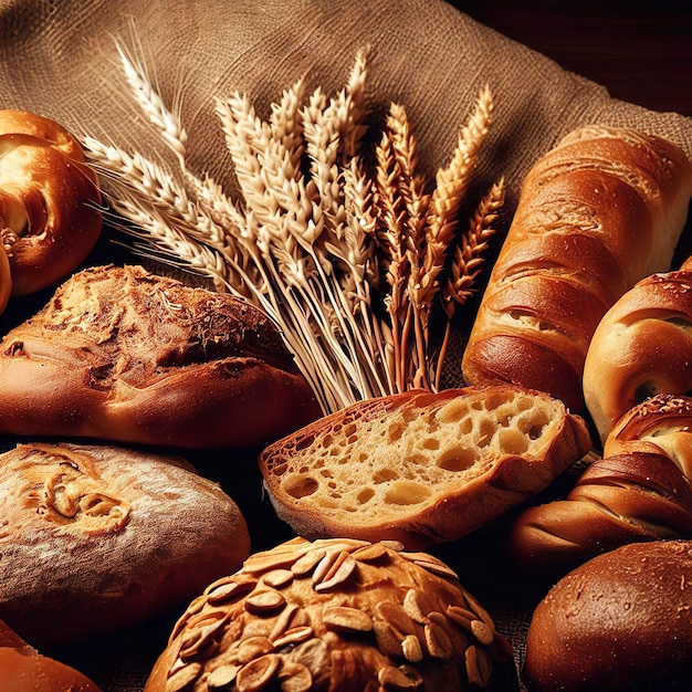 Various homemade bread on burlap with wheat