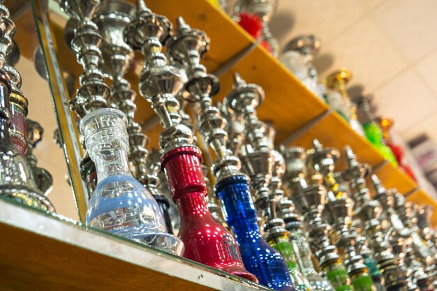 Various hookahs or shisha in souvenir shop