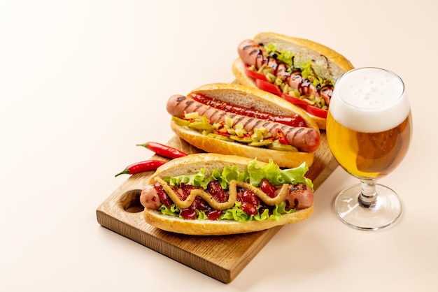 Various hot dog and beer