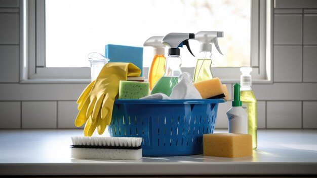 Various household cleaning products in a bucket