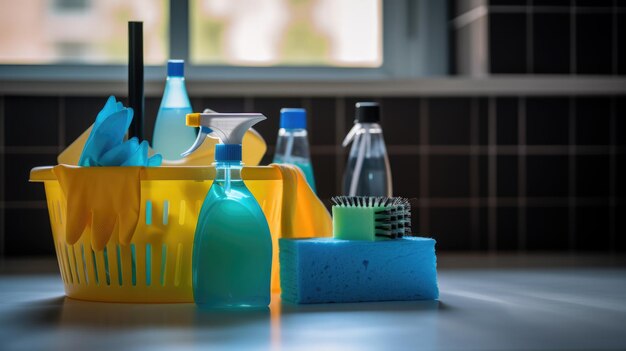 Photo various household cleaning products in a bucket