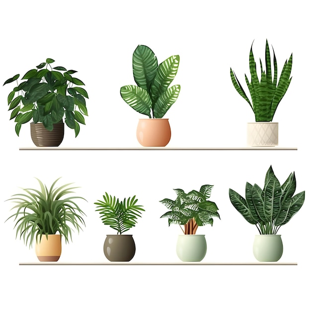 白い背景のセラミックポットの様々な室内植物