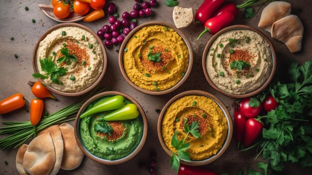 Various hummus dips green red yellow hummus