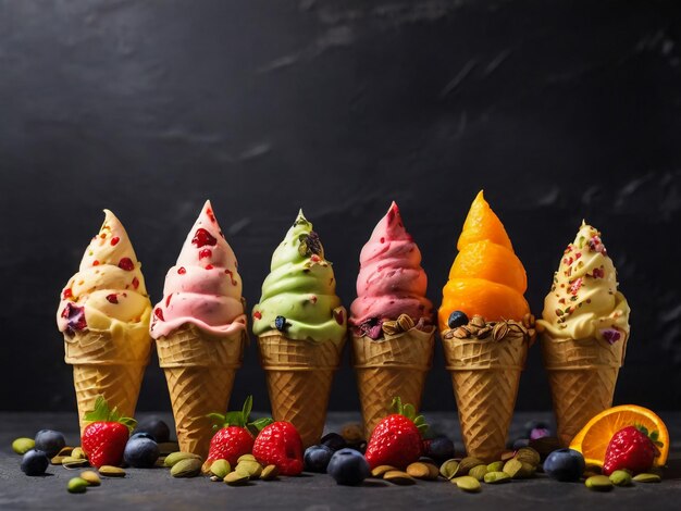 Foto vari di gusto di gelato in coni mirtillo fragola pistacchio mandorle arancione e ciliegia se