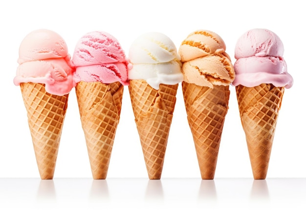 Various of ice cream flavor in cones blueberry strawberry pistachio almond orange and cherry setup on white background Summer and Sweet menu concept