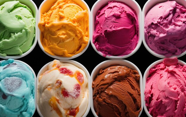 콘에 있는 다양한 아이스크림 맛의 블루베리 딸기 피스타치오 아몬드 오렌지와 체리