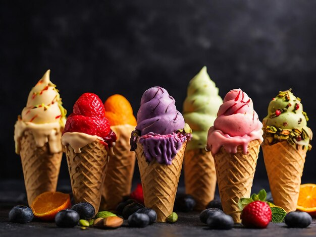 Various of ice cream flavor in cones blueberry strawberry pistachio almond orange and cherry