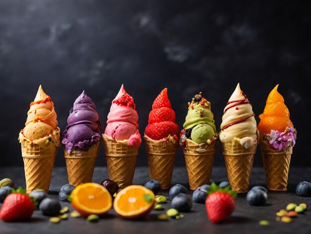 Various of ice cream flavor in cones blueberry strawberry pistachio almond orange and cherry