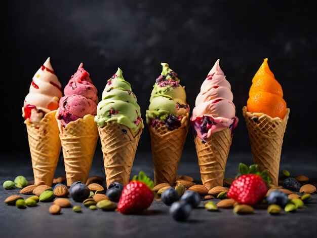콘에 있는 다양한 아이스크림 맛의 블루베리 딸기 피스타치오 아몬드 오렌지와 체리