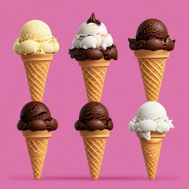 Photo various of ice cream flavor in cones blueberrystrawberrypistachioalmondorange and cherry set