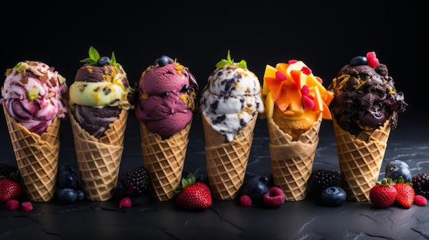 Foto vari gusti di gelato in coni su sfondo di pietra scura