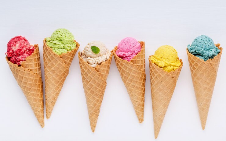 Various of ice cream flavor in cones setup on white background for sweets menu design.
