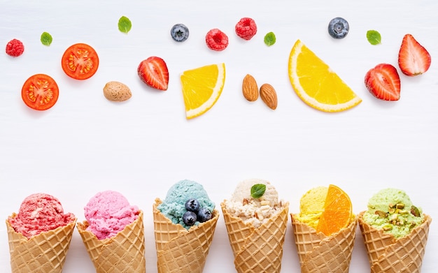 Various of ice cream flavor in cones setup on white background for sweets menu design.