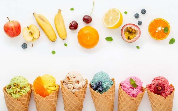 Various of ice cream flavor in cones setup on white background for sweets menu.