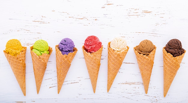 Various of ice cream flavor in cones 