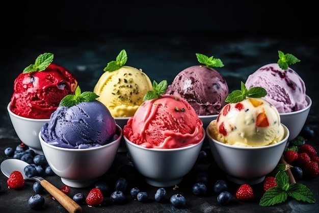 Various of ice cream flavor whit fresh blueberry strawberry kiwi lemon vanilla setup