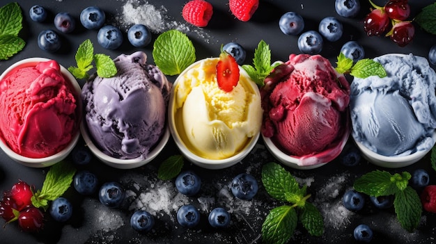 Various of ice cream flavor whit fresh blueberry strawberry kiwi lemon vanilla setup