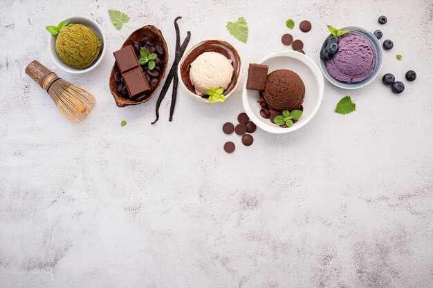 Various ice cream flavors in ceramic bowls