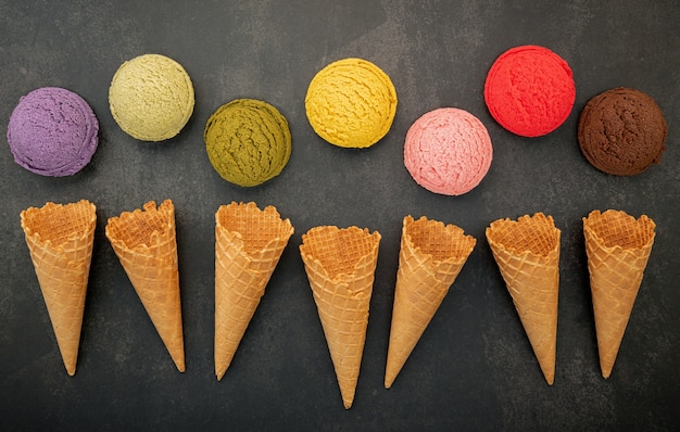 Various ice cream flavors in waffle cones