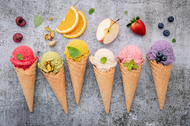 Various ice cream flavors with waffle cones