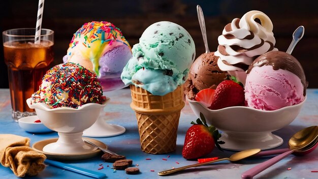 Various ice cream on the table