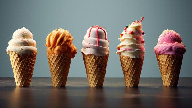 Foto vari gelati in coni di cialda ia generativa