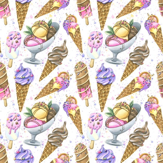 Various ice cream in waffle cones popsicles balls with confectionery sprinkles topping Watercolor illustration Seamless pattern from the ICE CREAM collection For the design and design of menus