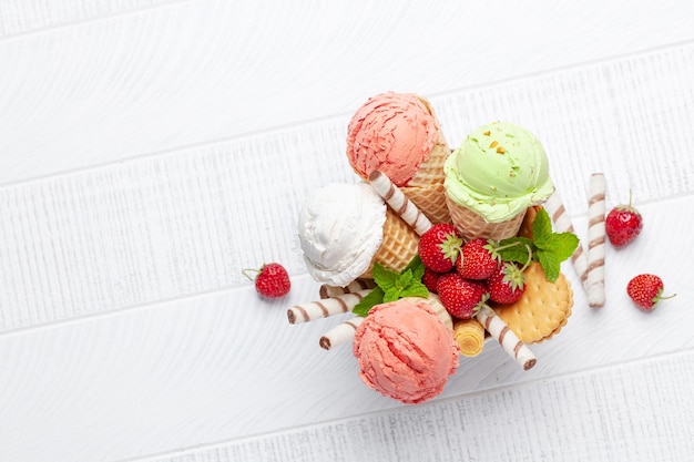 Various ice cream in waffle cones