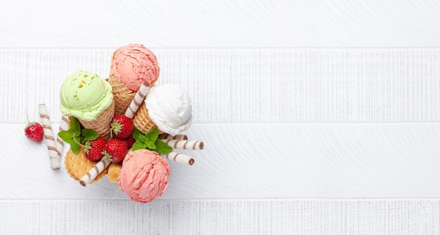 Various ice cream in waffle cones