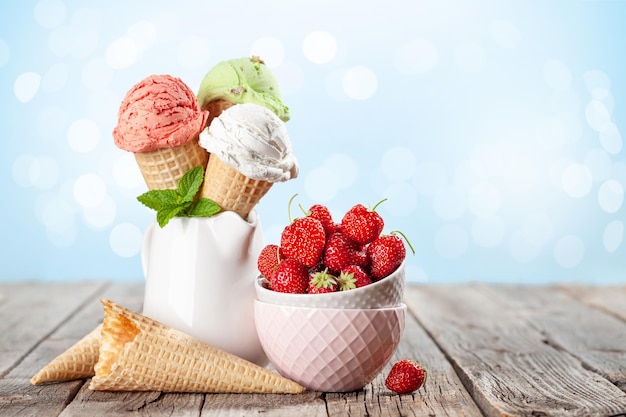 Various ice cream in waffle cones