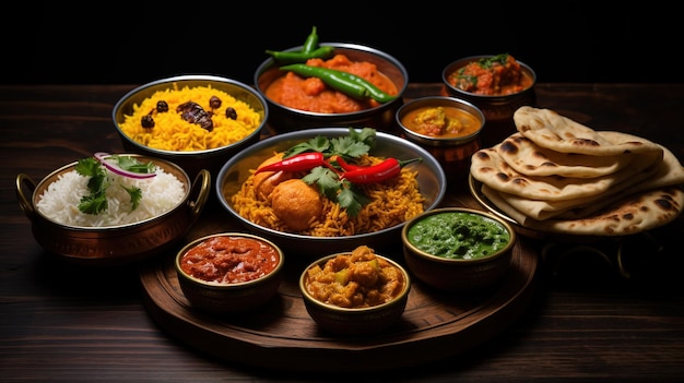 Various Indian food on wooden table served with spices and vegetables