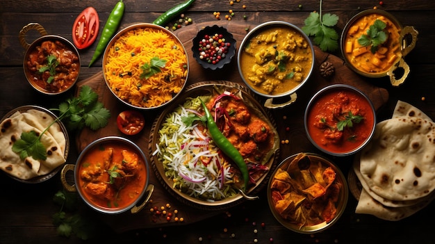 Various Indian food on wooden table top view