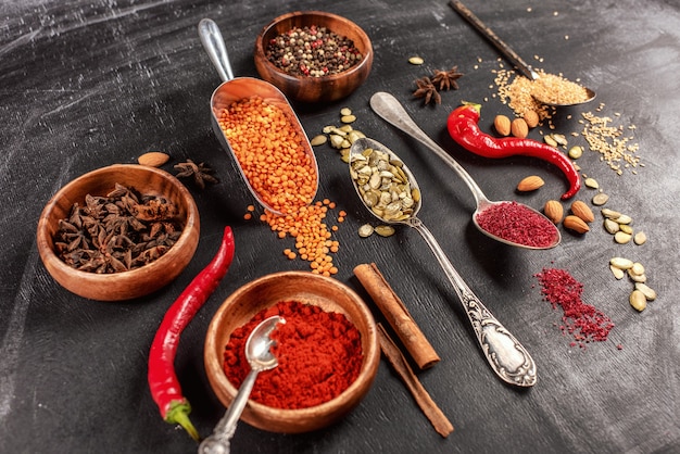 Various indian spices. Colorful spices, top view. Organic food, healthy lifestyle.