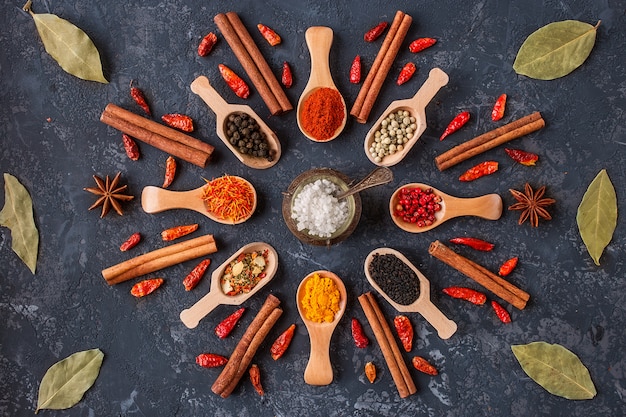   Various indian spices in wooden spoons, seeds, herbs on dark stone table. Colorful spices. Organic food, healthy lifestyle, space for text