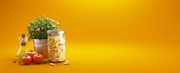 Фото Различные ингредиенты для приготовления пасты, меню, базилик, помидоры, оливковое масло первого отжима и листья на желтом или оранжевом фоне с копировальным пространством. профессиональный 3d-рендеринг