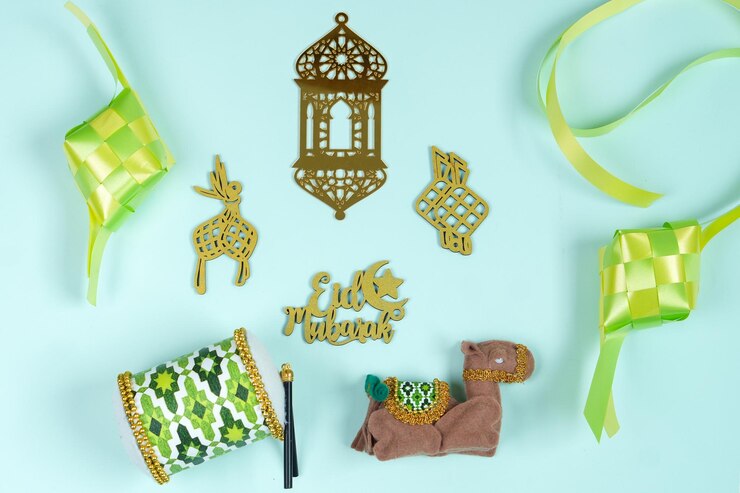 Photo various islamic decoration and ornament for eid mubarak or ramadan concept on light blue ribbon