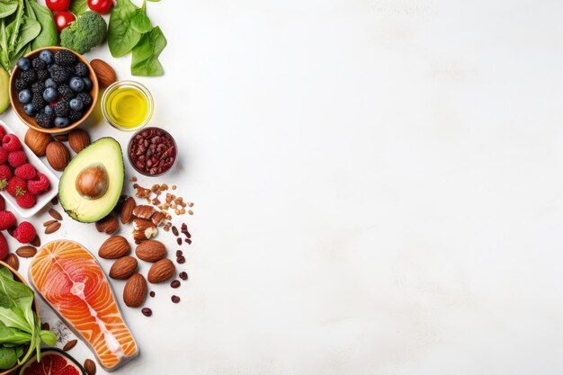 Various items on a white backdrop viewed from above Nourishing meals and a well rounded regimen